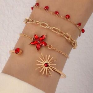 Set of 4 Gold Bracelets and Bangles with Red Crystals - Floral and Solar Style